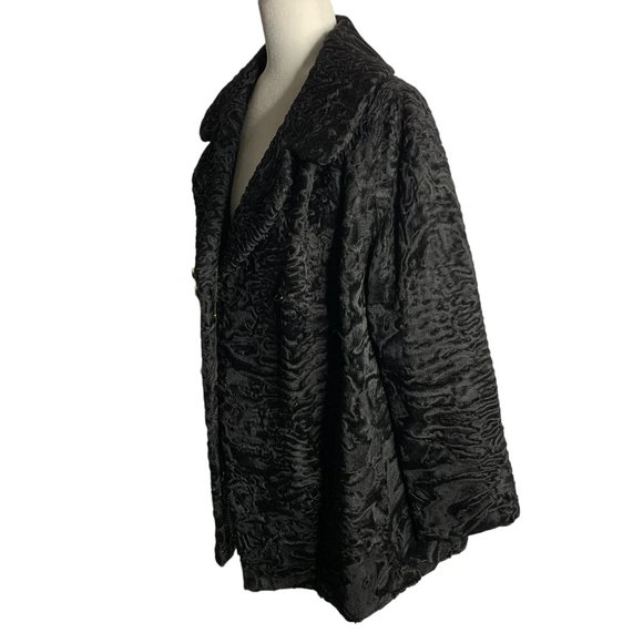 Vintage 60s Pelz Zeller Curly Lamb Wool Fur Coat L Black Hook Closure Pockets - Picture 3 of 6